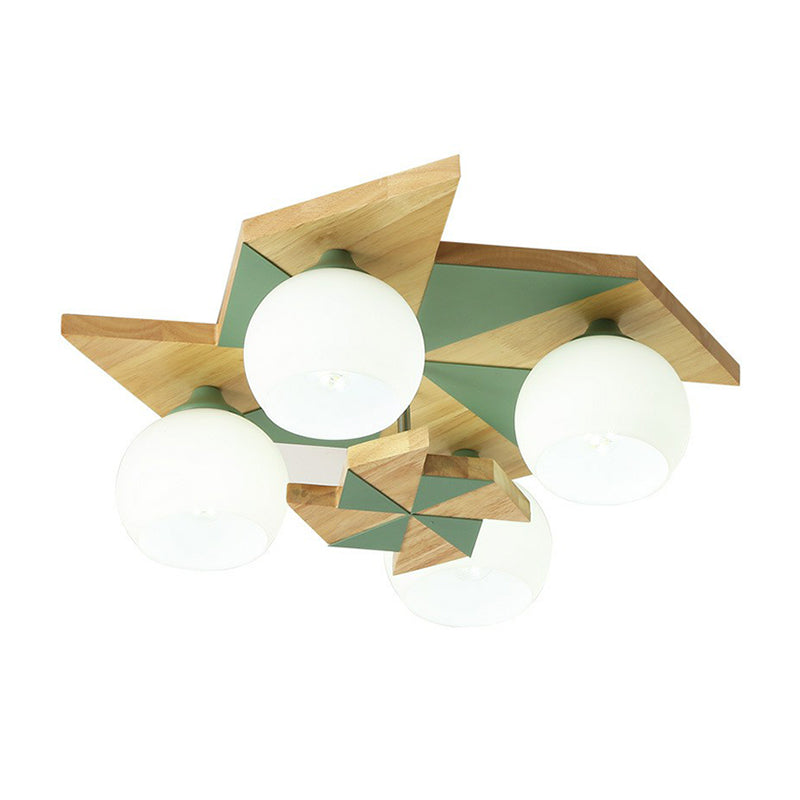 Windmill Kids Wooden Flush Mount Light With Sphere Opal Glass Shade - Nordic 4-Head Fixture