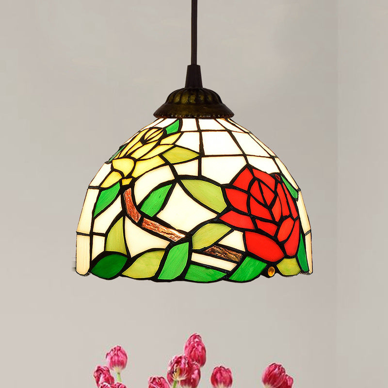 Shaded Tiffany Glass Pendant Light - Elegant 1-Bulb Suspension Fixture For Corridor Green