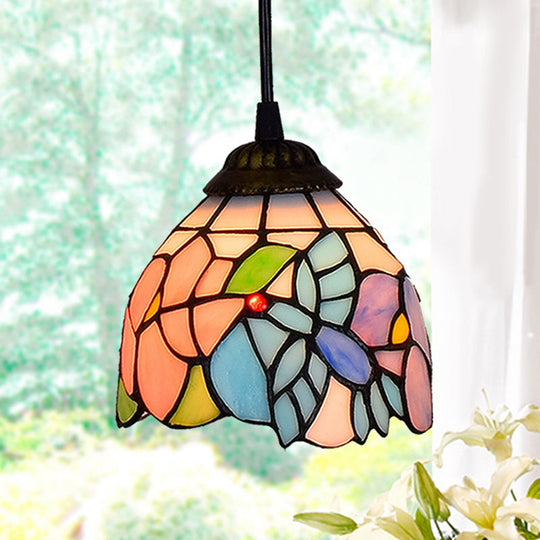 Shaded Tiffany Glass Pendant Light - Elegant 1-Bulb Suspension Fixture For Corridor Pink