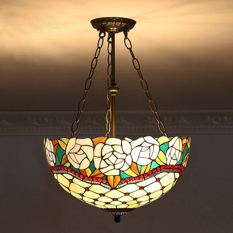 Tiffany-Style Pendant Light With Stained Art Glass Bowl Shade For Ceiling Suspension Apricot