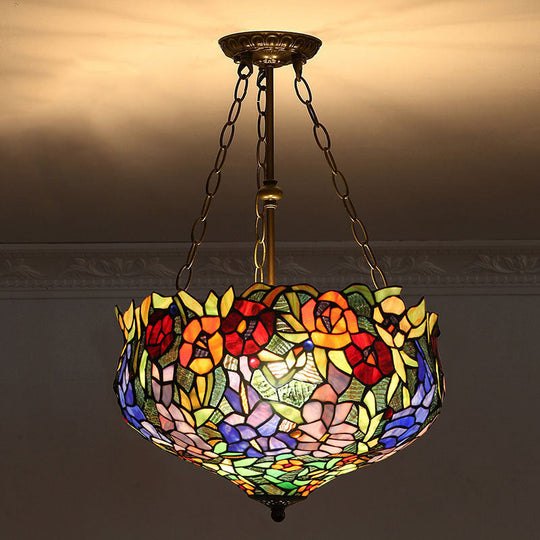 Tiffany-Style Pendant Light With Stained Art Glass Bowl Shade For Ceiling Suspension Army Green