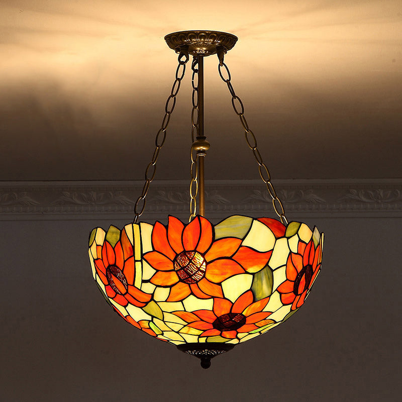Tiffany-Style Pendant Light With Stained Art Glass Bowl Shade For Ceiling Suspension Orange