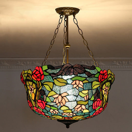 Tiffany-Style Pendant Light With Stained Art Glass Bowl Shade For Ceiling Suspension Dark Green