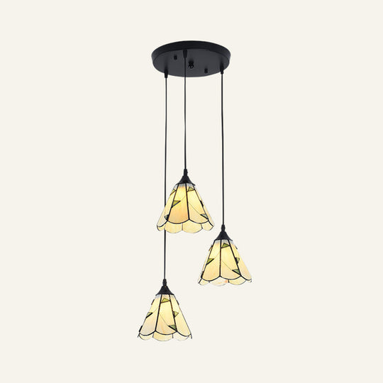 Tiffany-Style Handcrafted Glass Ceiling Lamp With Bell Design - 3-Bulb Suspension Light Beige /