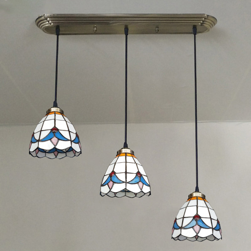 Traditional 3-Head Stained Glass Pendant Light In Bronze With Shaded Hanging Design