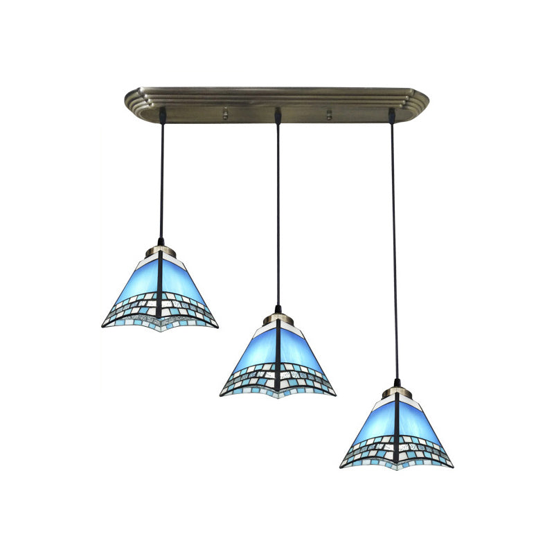 Traditional 3-Head Stained Glass Pendant Light In Bronze With Shaded Hanging Design