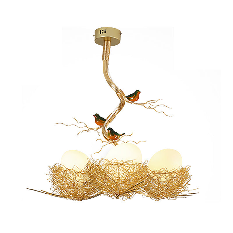 Artistry Milk White Glass Ball Chandelier Pendant 1/2/3-Light Golden Hanging Lamp With Birds And