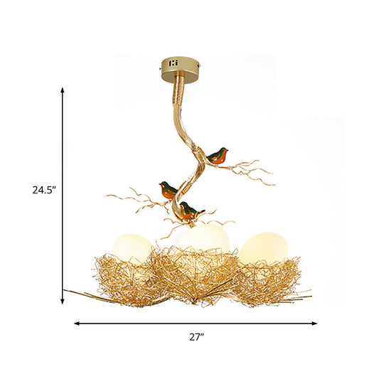Artistry Milk White Glass Ball Chandelier Pendant 1/2/3-Light Golden Hanging Lamp With Birds And