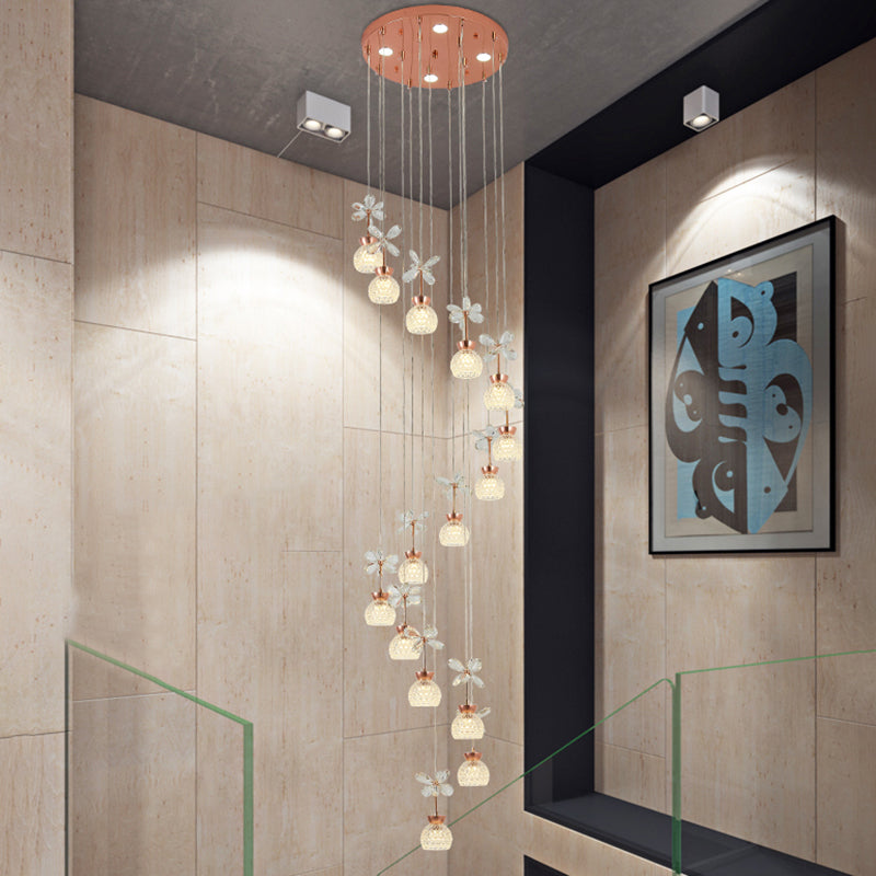 Rose Gold Floral Staircase Led Pendant With Crystal Dome Shade 15 / White