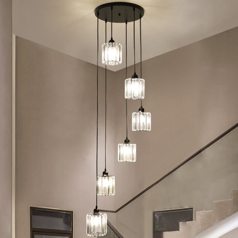 Sleek Black Geometric Prismatic Crystal Ceiling Light For Staircases - Multi-Suspension Lighting