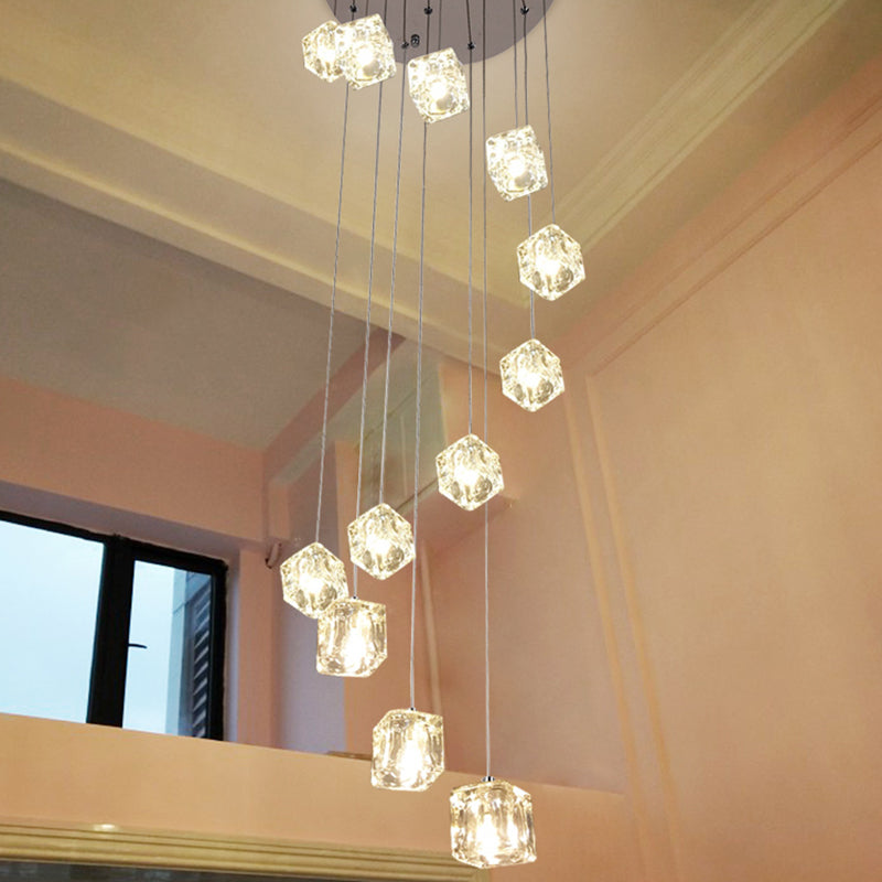 Simplicity Clear Glass Multi-Light Pendant - 12 Heads Spiral Square Design Chrome Finish- Ideal For