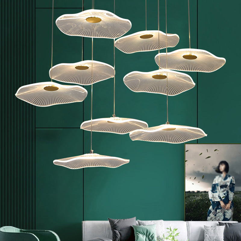 Contemporary Gold Lotus Leaf Led Staircase Light Pendant - Acrylic Multi