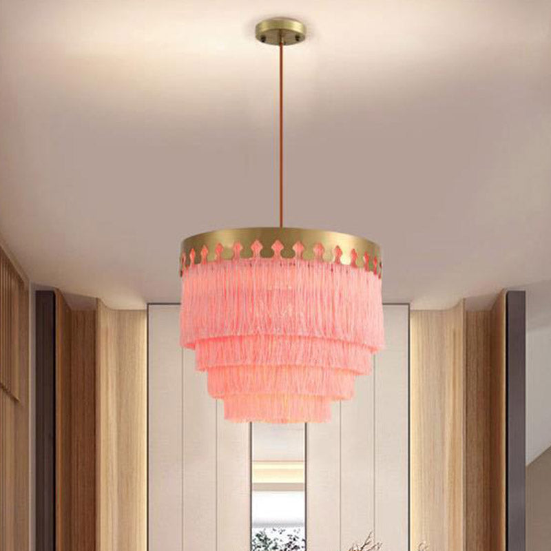 Gold Fringed Single-Bulb Living Room Pendant Light Fixture - Tiered Suspension Design