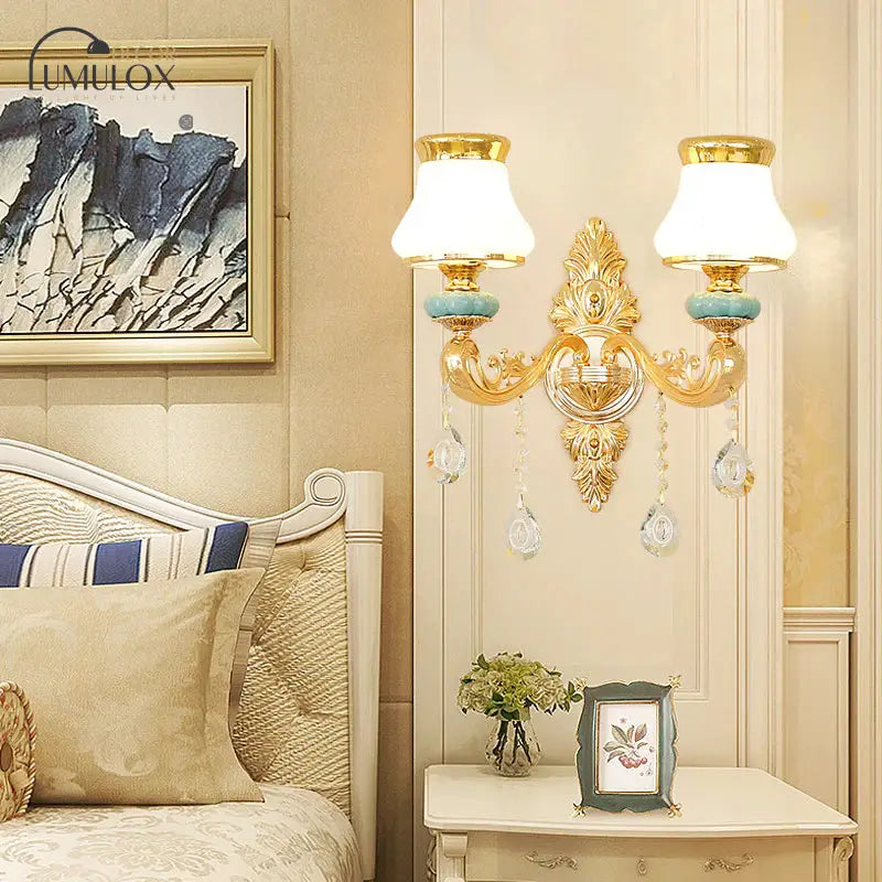 Opal Glass K9 Crystal Wall Light Classic Living Room Lighting Fixture With Accent In Gold