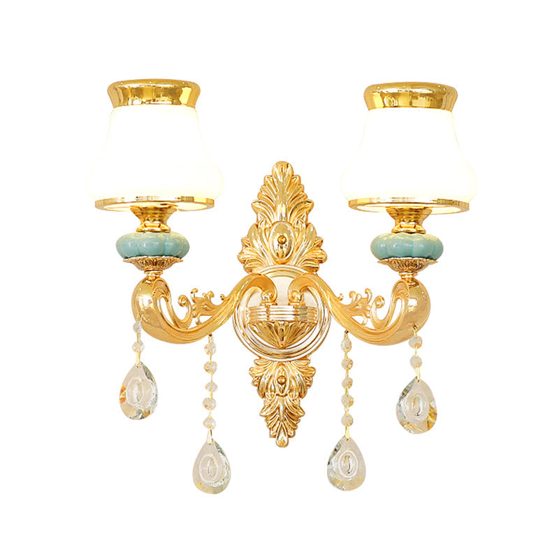Opal Glass Wall Light: Classic Gold Fixture With Crystal Accent For Living Room