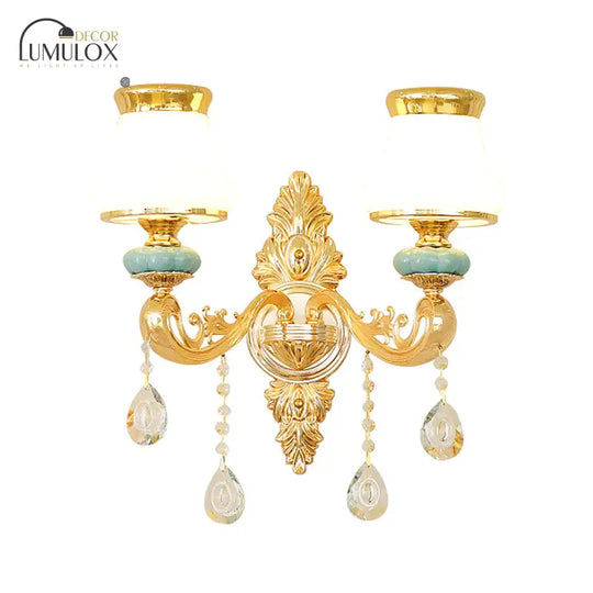 Opal Glass K9 Crystal Wall Light Classic Living Room Lighting Fixture With Accent In Gold