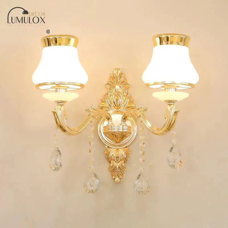 Opal Glass K9 Crystal Wall Light Classic Living Room Lighting Fixture With Accent In Gold