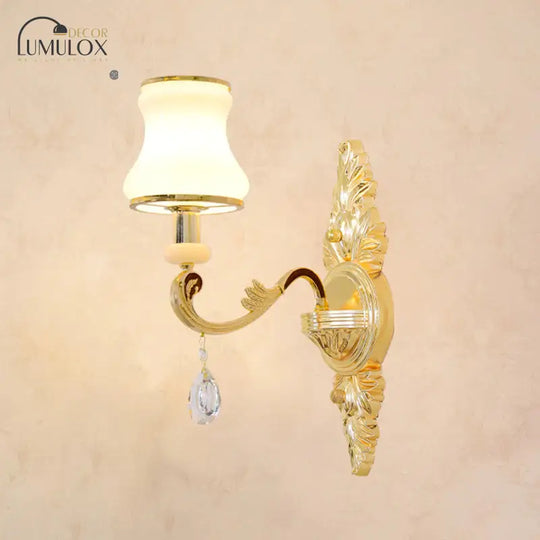 Opal Glass K9 Crystal Wall Light Classic Living Room Lighting Fixture With Accent In Gold