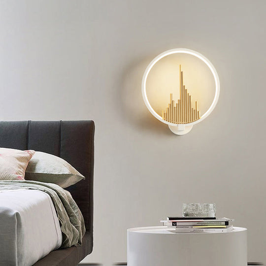 Modern Acrylic Halo-Ring Led Sconce Light In Black/White With Mountain Pattern - Warm Lighting White