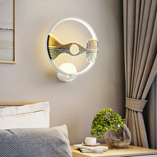 Chinese-Inspired Black/White Led Acrylic Wall Sconce - 12 Circular Lamp With Scenic Pattern