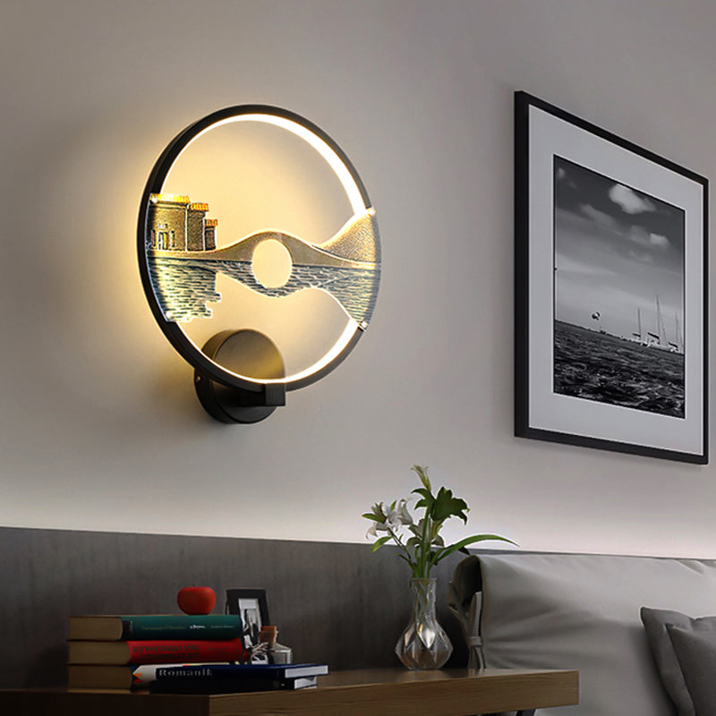 Chinese-Inspired Black/White Led Acrylic Wall Sconce - 12 Circular Lamp With Scenic Pattern