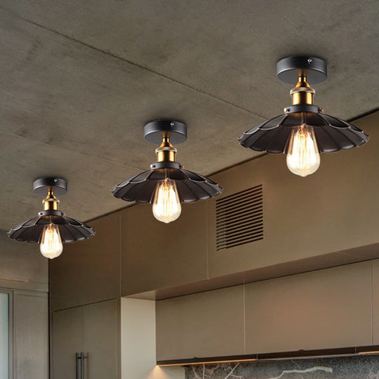 Sleek Black Single Dining Room Ceiling Light - Umbrella Semi Flush Mount / 10 Scalloped