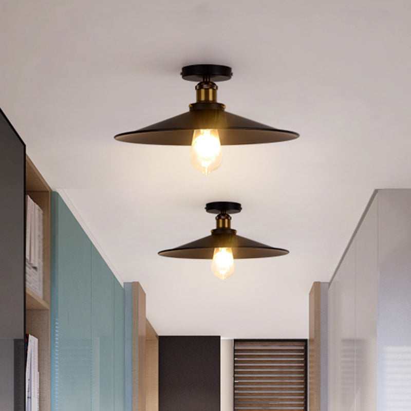 Retro Style Metallic Shaded Flush Mount Ceiling Light - Single Bulb Semi In Black