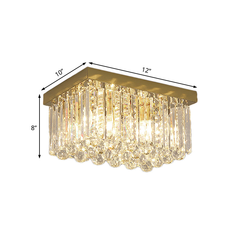 Modern Gold Flush Mount Light With Crystal Block Shade - 2 Lights Rectangle Ceiling Design