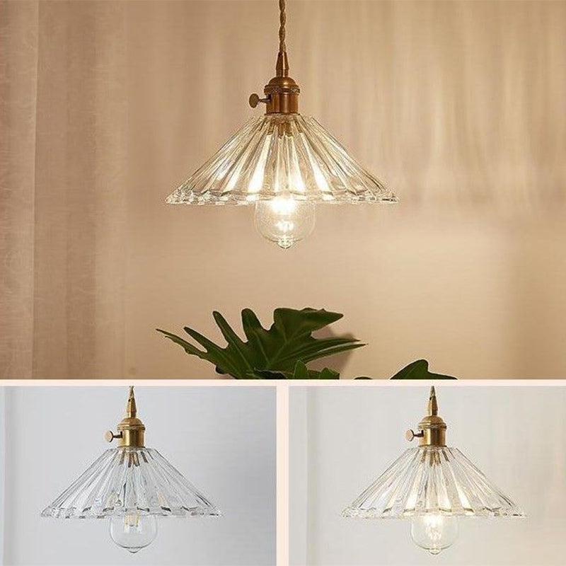 Simplicity Clear Ribbed Glass Cone Pendant Light Fixture For Restaurants - 1 Bulb Hanging