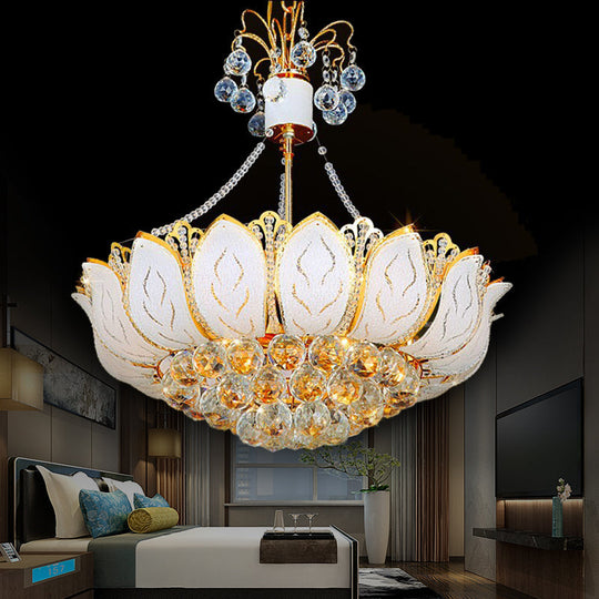 Contemporary Faceted Crystal Ball Lotus Chandelier Light – Gold 3 Multi Lights 16’/19.5’/23.5’ Wide