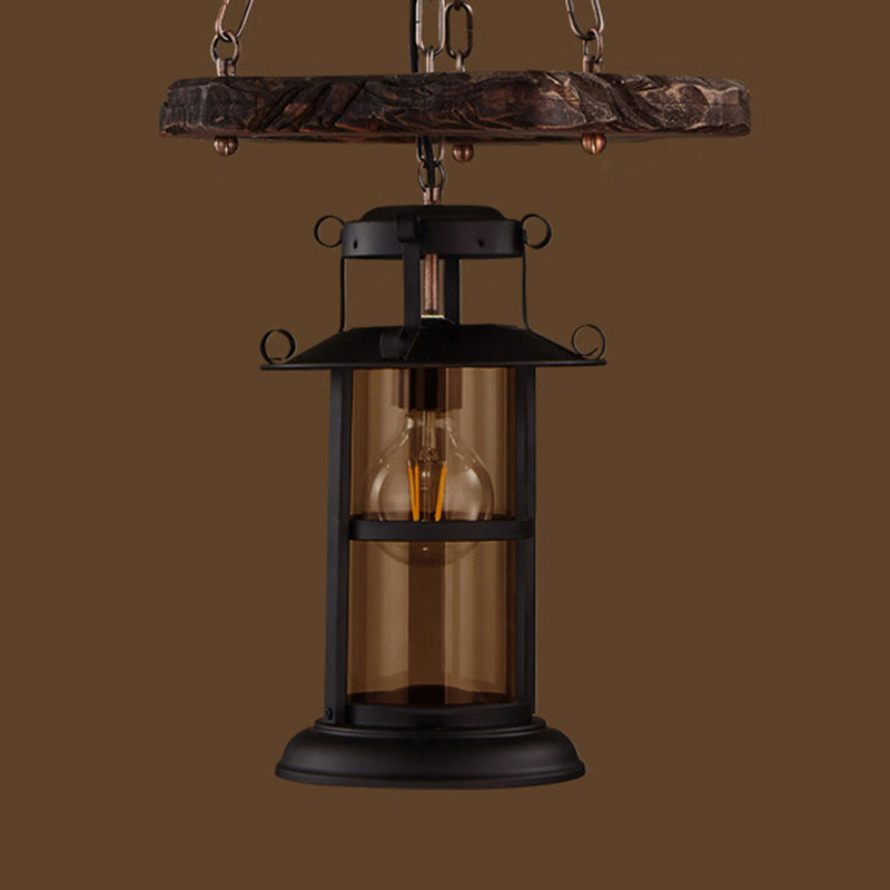 Vintage Distressed Wood Lantern Pendant Light With Clear Glass For Restaurants 1 /