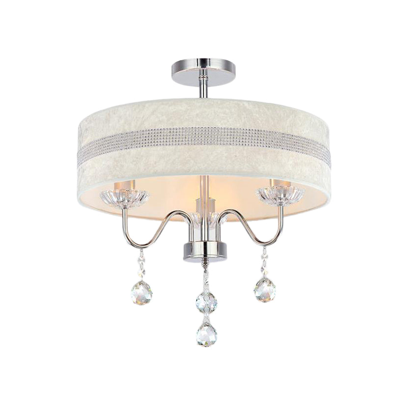 Modern Nordic Drum Fabric Chandelier Light With Crystal Drop For Bedroom - Chrome Finish