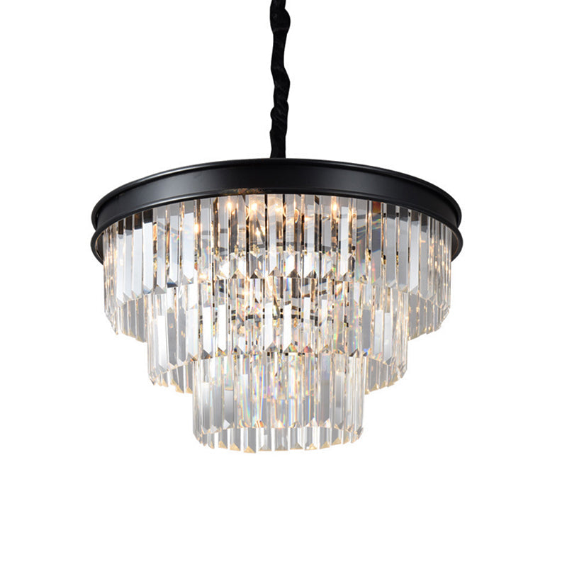 Postmodern Clear Crystal Glass Tiered Ceiling Chandelier Light 9/12 Lights Black 16’’/23’’ Wide