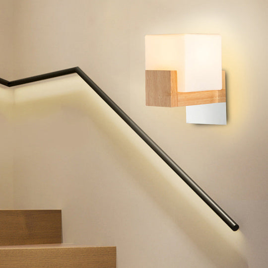 Modern Single Cube Bedside Wall Sconce Lamp With White Glass Shade And Wooden Backplate - Stylish