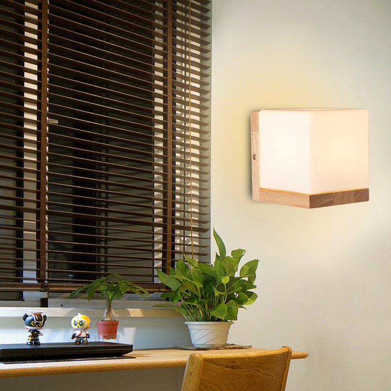 Nordic Style Cube Shaped Sconce Lighting With White Glass Shade - 1-Light Bedside Wall Fixture