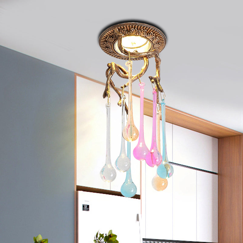 Vintage Blue-Purple/Clear Teardrop Crystal Led Ceiling Light For Bedrooms