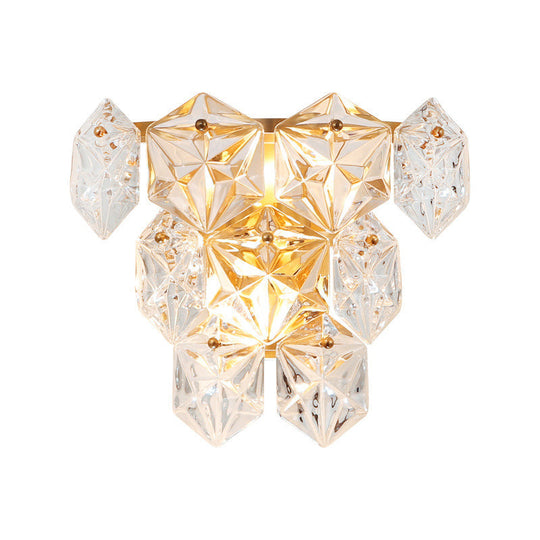 Modern Clear Crystal Hexagon Wall Light With Brass Finish - 2 Lights 8.5/12.5 Width Perfect For