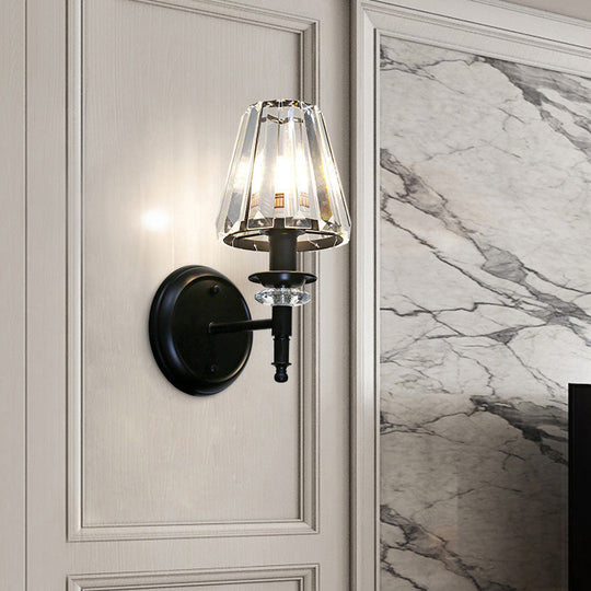 Contemporary Clear Crystal Cone Wall Mount Light - 1-Bulb Black Finish Lamp For Bedroom / A