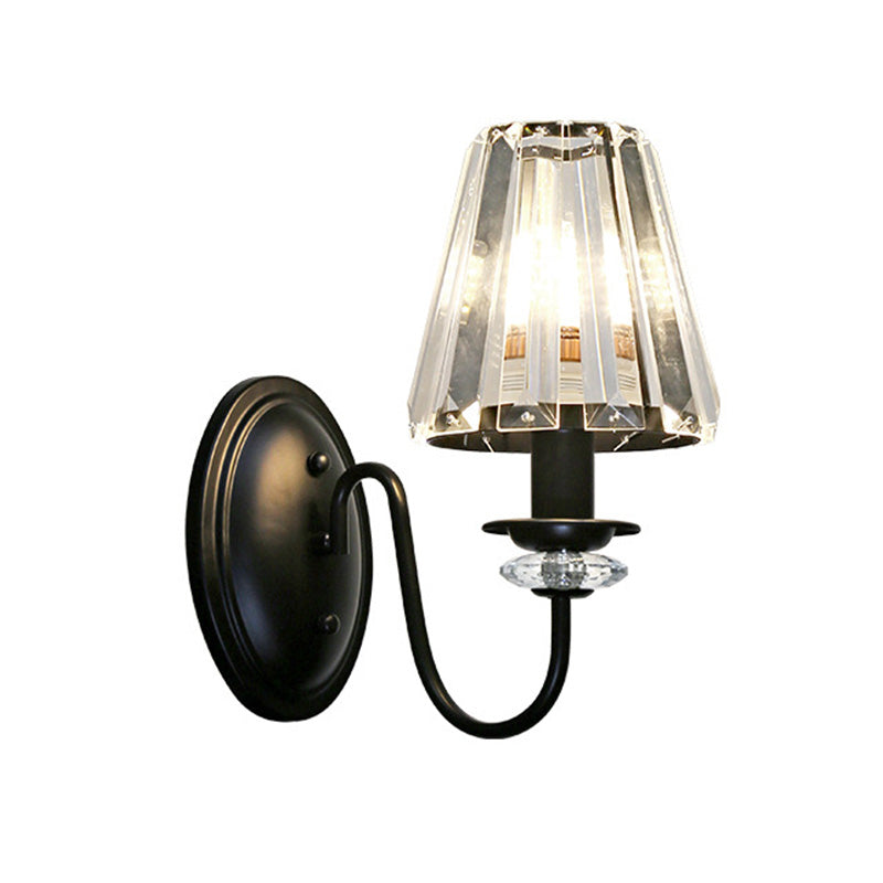 Contemporary Clear Crystal Cone Wall Mount Light - 1-Bulb Black Finish Lamp For Bedroom