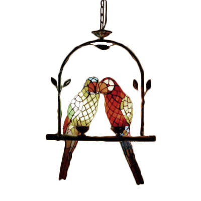 Stylish Parrot Tiffany Pendant Lamp With Hanging Perch Swing And 2 Red/Red & Yellow Lights