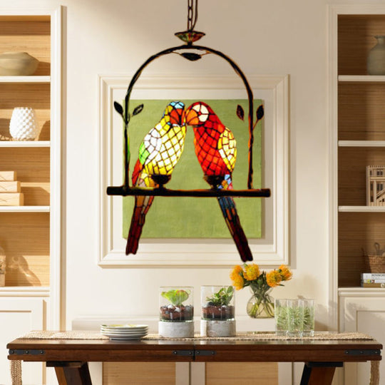 Stylish Parrot Tiffany Pendant Lamp With Hanging Perch Swing And 2 Red/Red & Yellow Lights