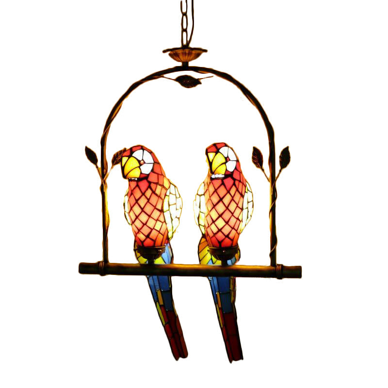 Stylish Parrot Tiffany Pendant Lamp With Hanging Perch Swing And 2 Red/Red & Yellow Lights
