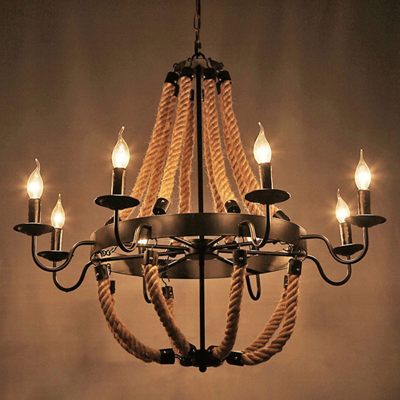 Rustic Iron Candlestick Chandelier With Hemp Rope - Flaxen Pendant Lighting For Living Room