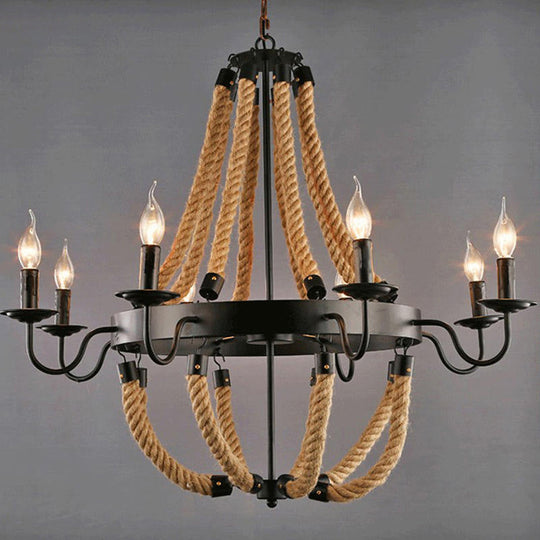 Rustic Iron Candlestick Chandelier With Hemp Rope - Flaxen Pendant Lighting For Living Room