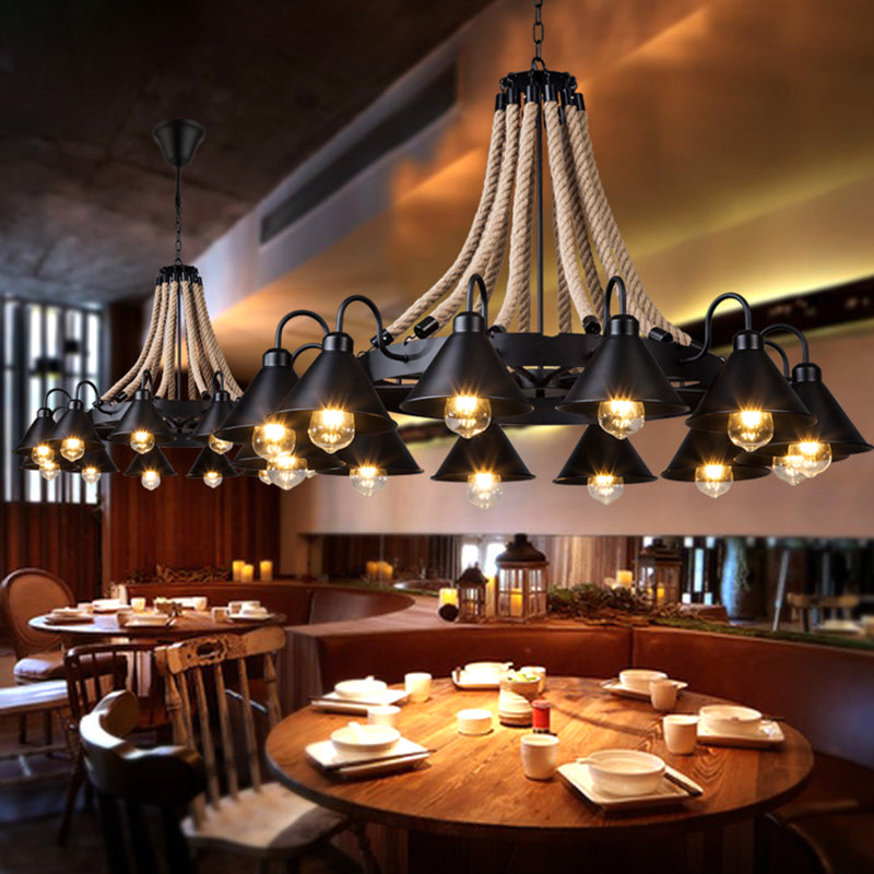 Vintage Iron Wheel Chandelier Pendant Light With Hemp Rope In Black For Restaurants