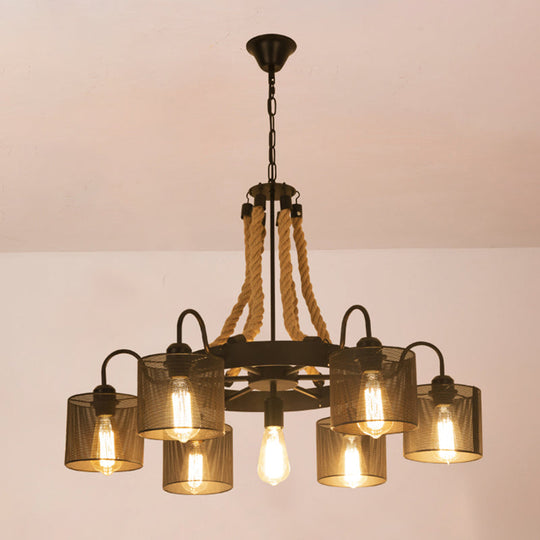 Vintage Iron Wheel Chandelier Pendant Light With Hemp Rope In Black For Restaurants / 34.5’ B