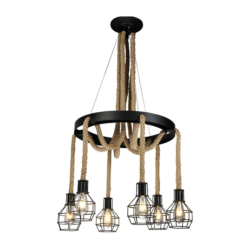 Retro-Style Grenade Ceiling Light With Black Hemp Rope For Restaurants