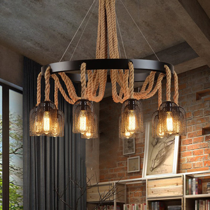 Vintage Iron Chandelier Pendant Light With Rope Detail For Restaurants - Black