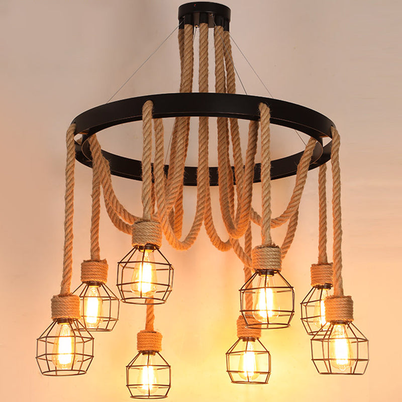 Rustic Hemp Rope Restaurant Chandelier With Black Dangling Suspension Light 8 / E