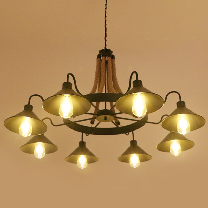Circular Industrial Restaurant Chandelier With Hemp Rope In Black Iron Finish 8 / B
